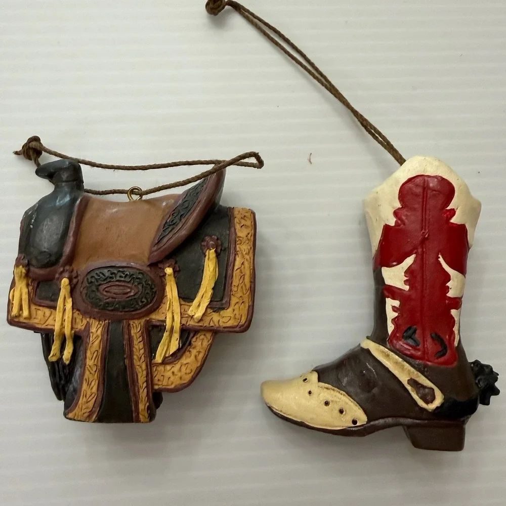 Vintage Western Cowboy Boot & Saddle Christmas Tree Ornament Set Of 2 Rustic